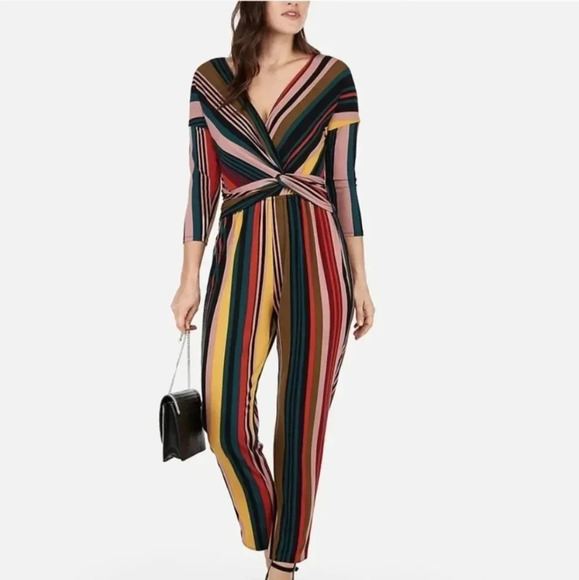 Express Stripped Short Sleeve Twist Front Jumpsuit, Color Multicolor Size XS - Picture 1 of 14